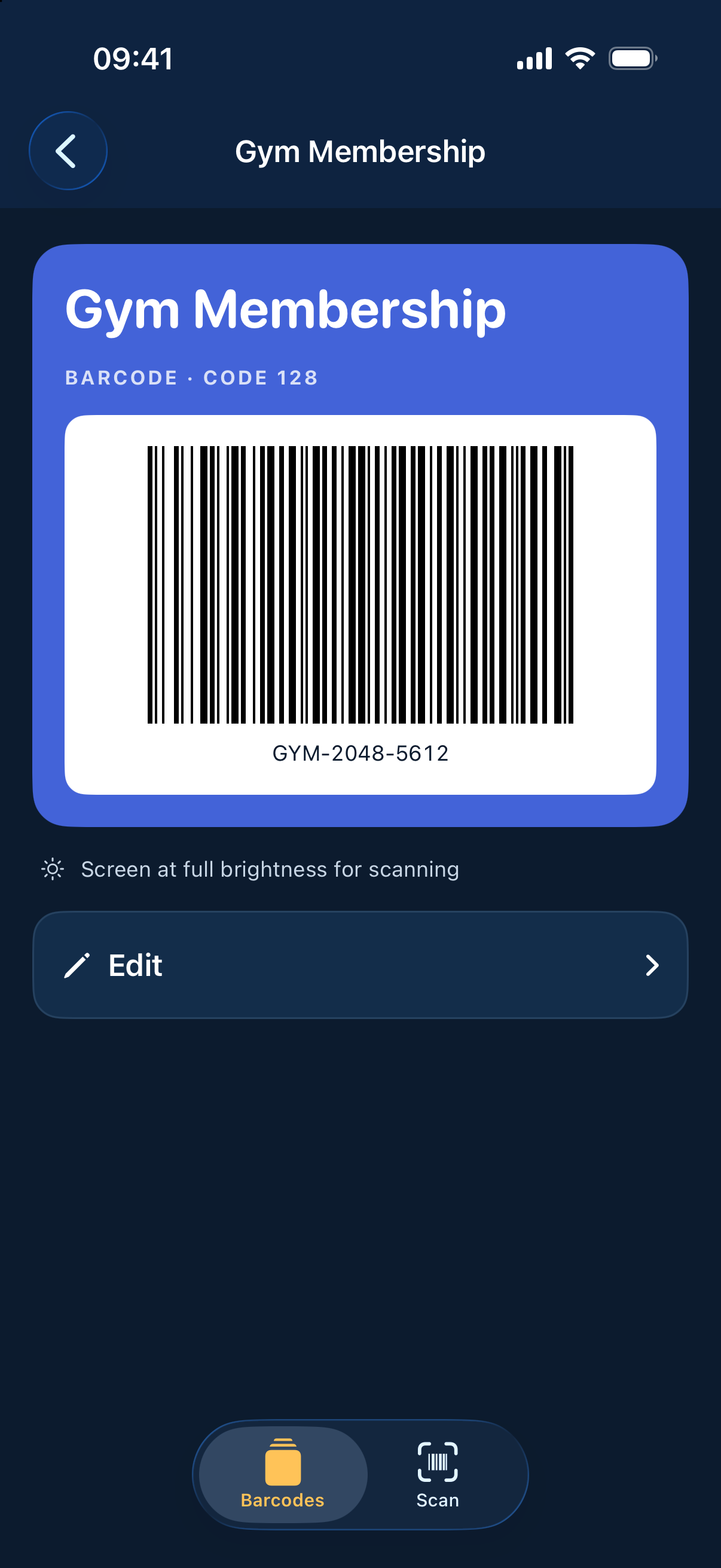A saved gym membership barcode in JustBarcode