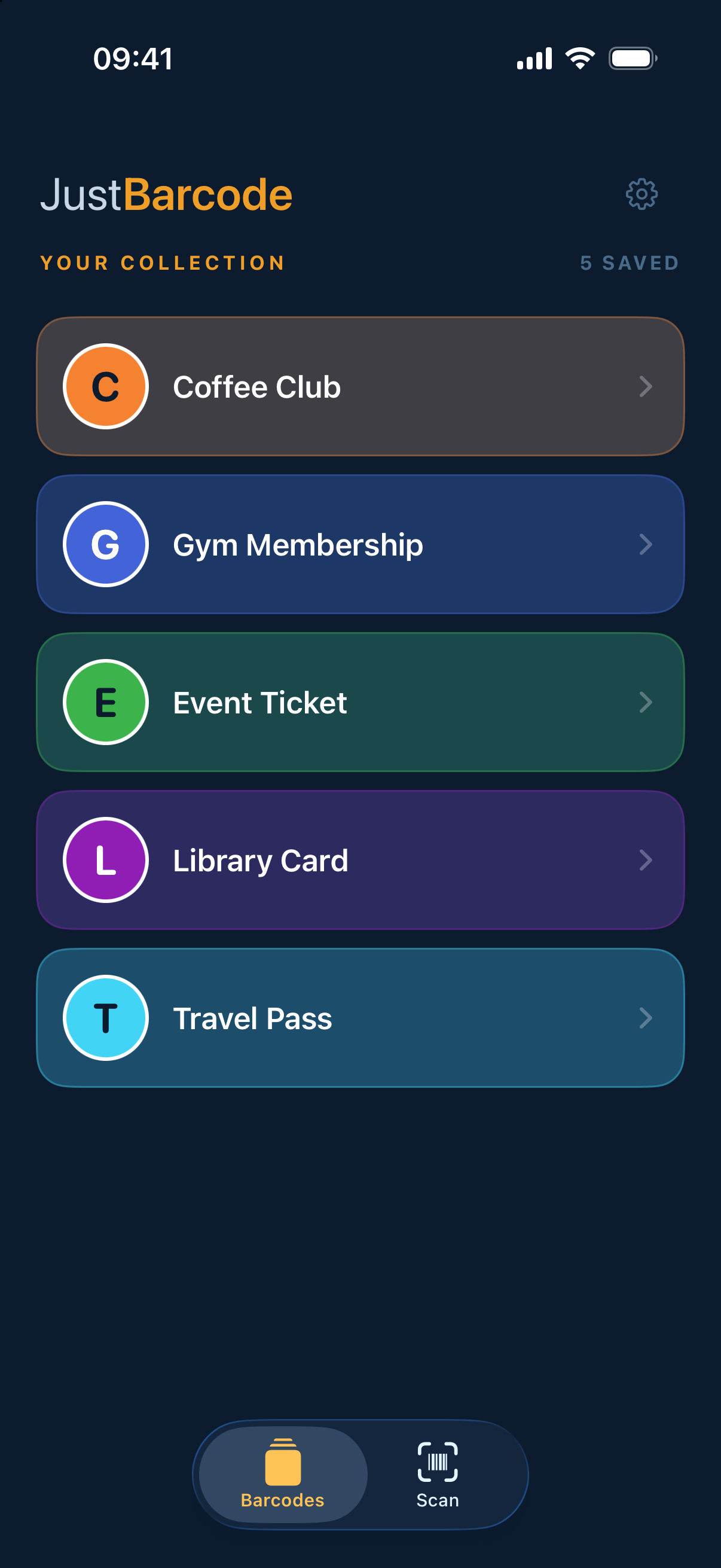A collection of saved barcodes in JustBarcode